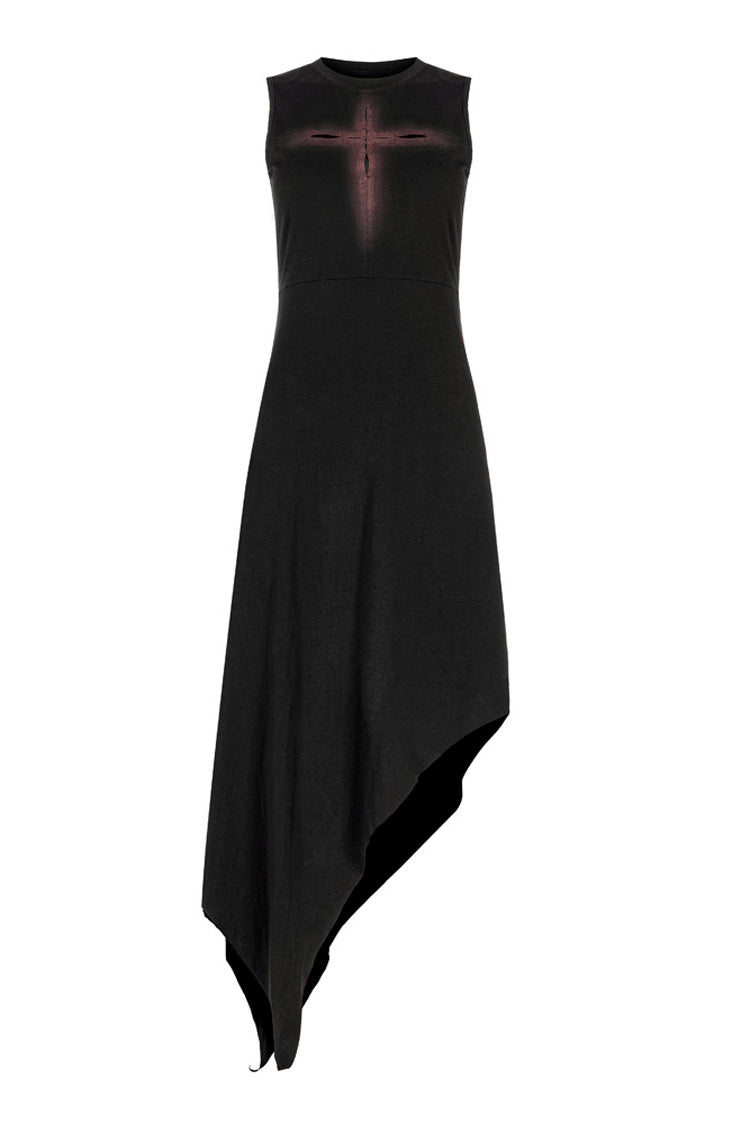 Black Hollowed Out Cross Spray-Painted Asymmetric Hem Sleeveless Women's Gothic Dress