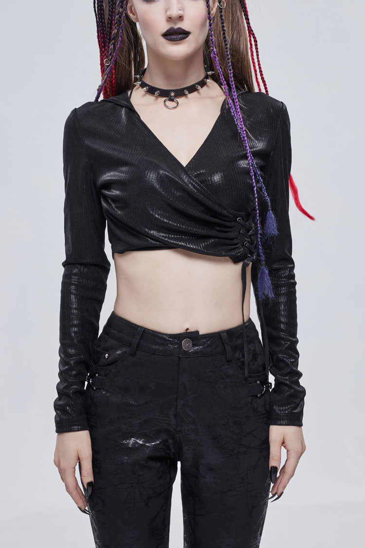 Black Shiny Vertical Grain Texture Tied Rope Decoration Hooded Short Women's Punk T-Shirt