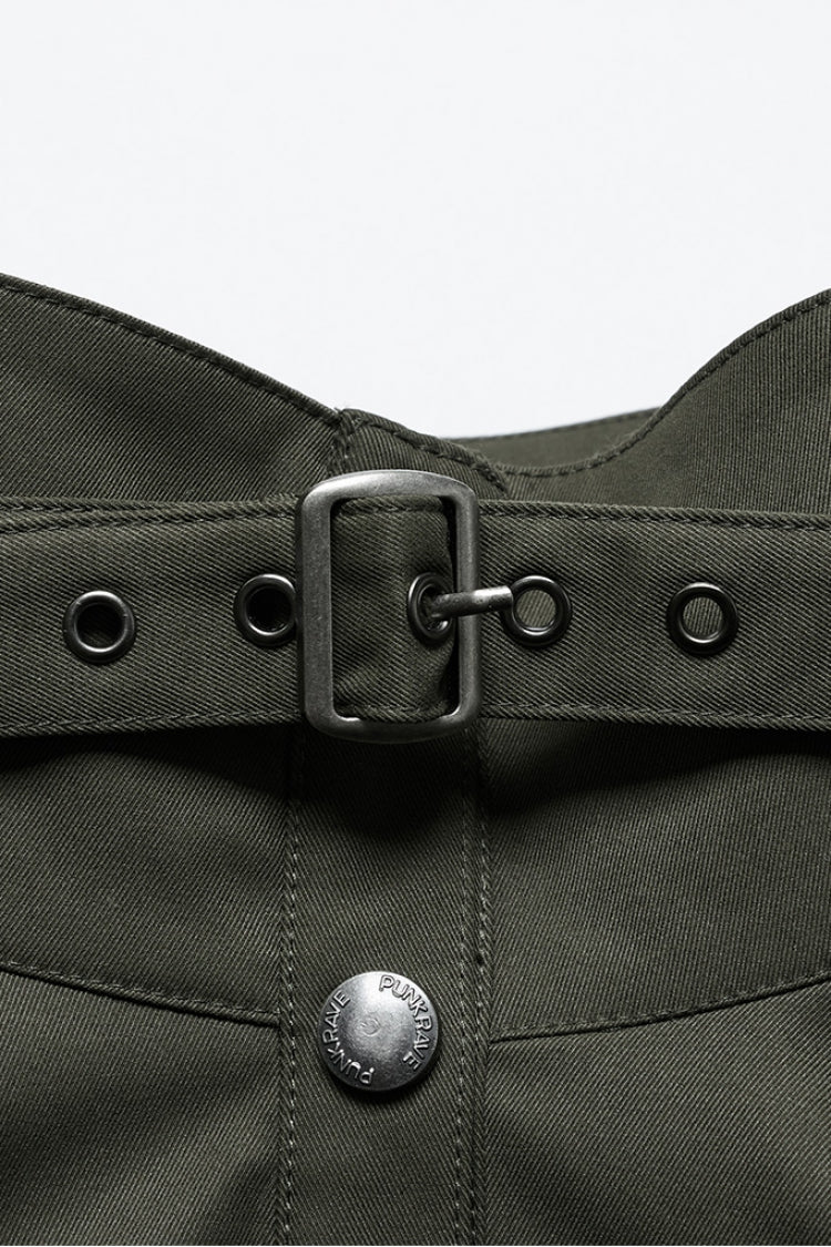 Green Stand Collar Long Sleeves Stitching Faux Leather Women's Gothic Military Jacket