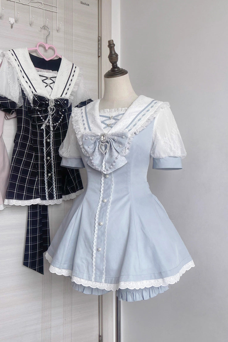 Sweet Short Sleeves Print Bowknot Jirai Kei Japanese Dress Set 3 Colors