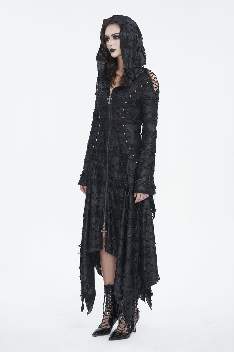 ブラックロングトランペットスリーブ不規則なフード付きレディースゴシックドレス