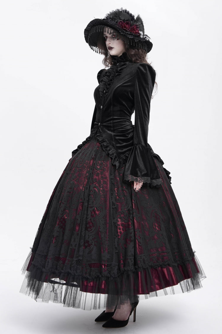 Black Stand Collar Long Trumpet Sleeves Ruffle Swallow-tailed Women's Gothic Blouse