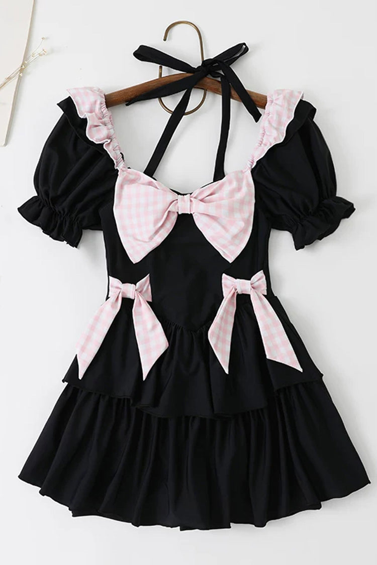 Schwarz/Rosa, quadratischer Kragen, kurze Ärmel, gerüschte Schleife, süßer, einteiliger Lolita-Badeanzug