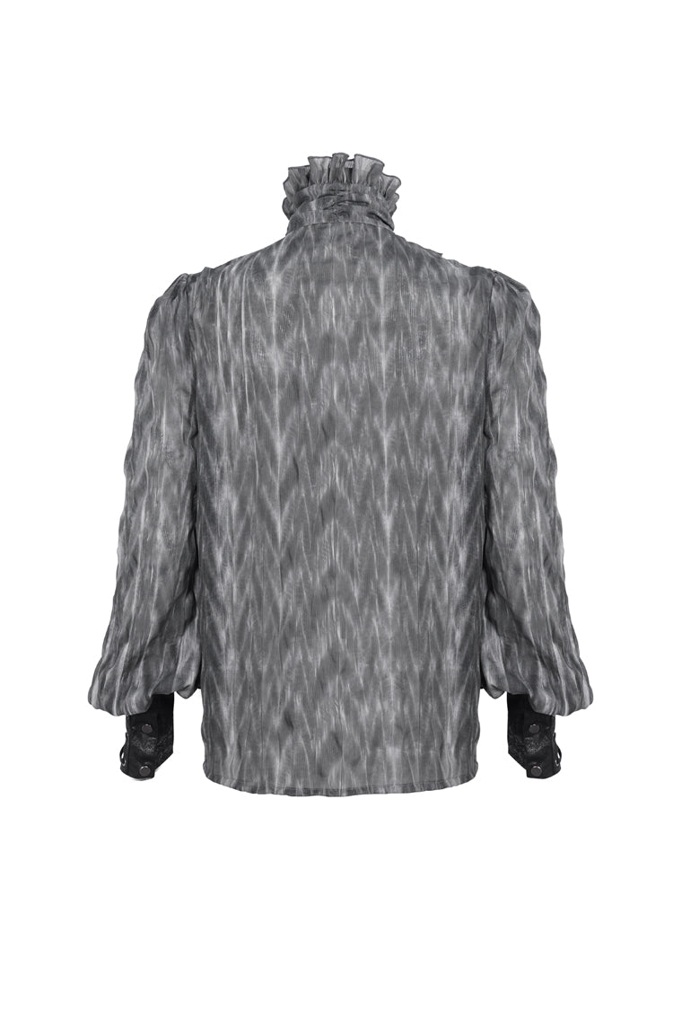 Black/Grey Ruffle Stand Collar Print Lace-Up Men's Gothic Blouse