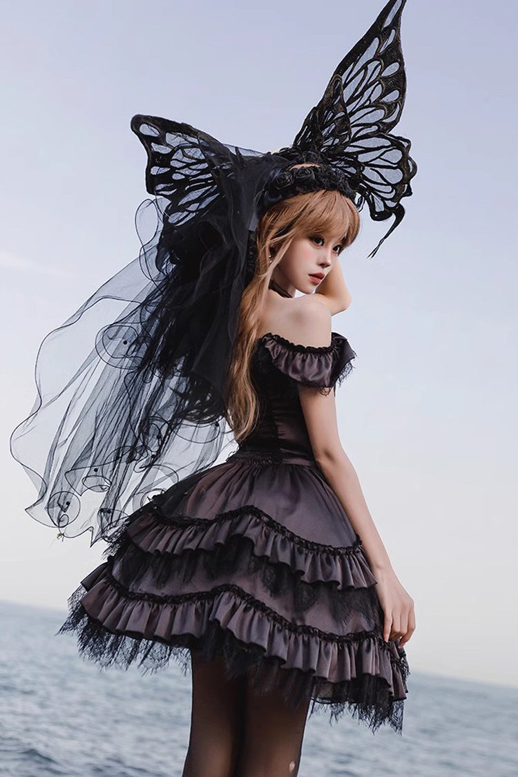 ブラック/パープル サイレント メロディー バレエ スタイル ホルター ボートネック 半袖 ゴシック ロリータ ドレス
