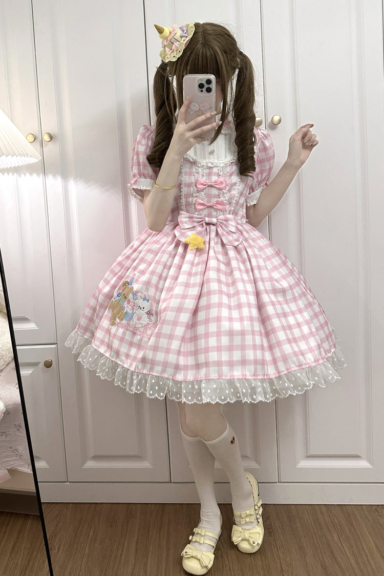 Pink Rabbit & Bear Plaid Print Short Sleeves Ruffle Embroidery Bowknot Lace Sweet Lolita Dress