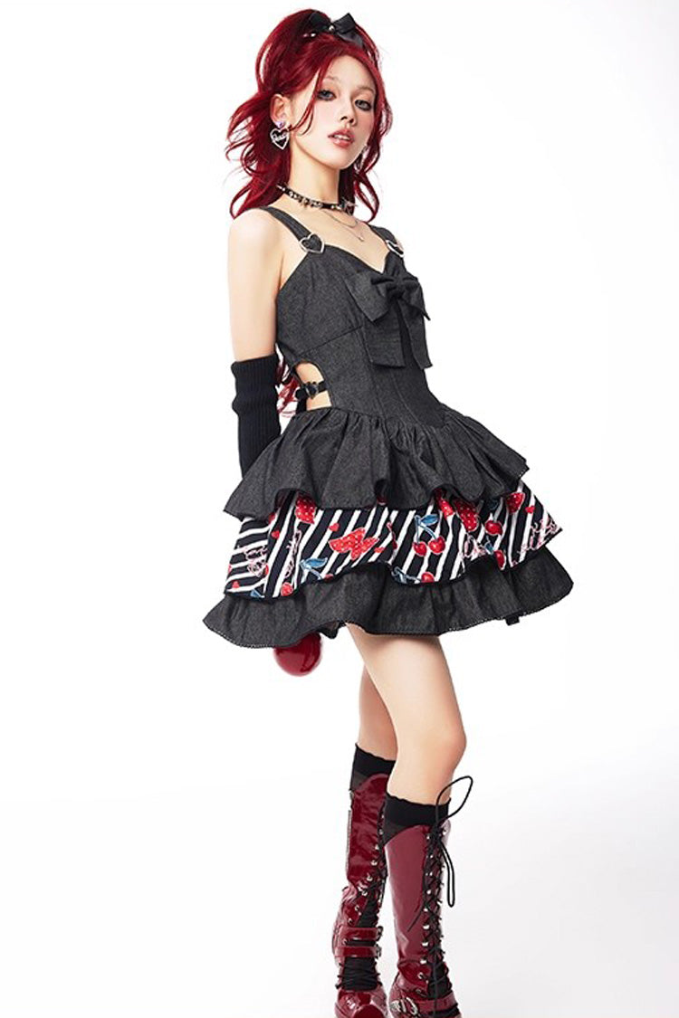 Black [Cherry] Sleeveless Triple-Layered Print Ruffle Bowknot Denim Sweet Japanese Vintage Lolita Jsk Dress