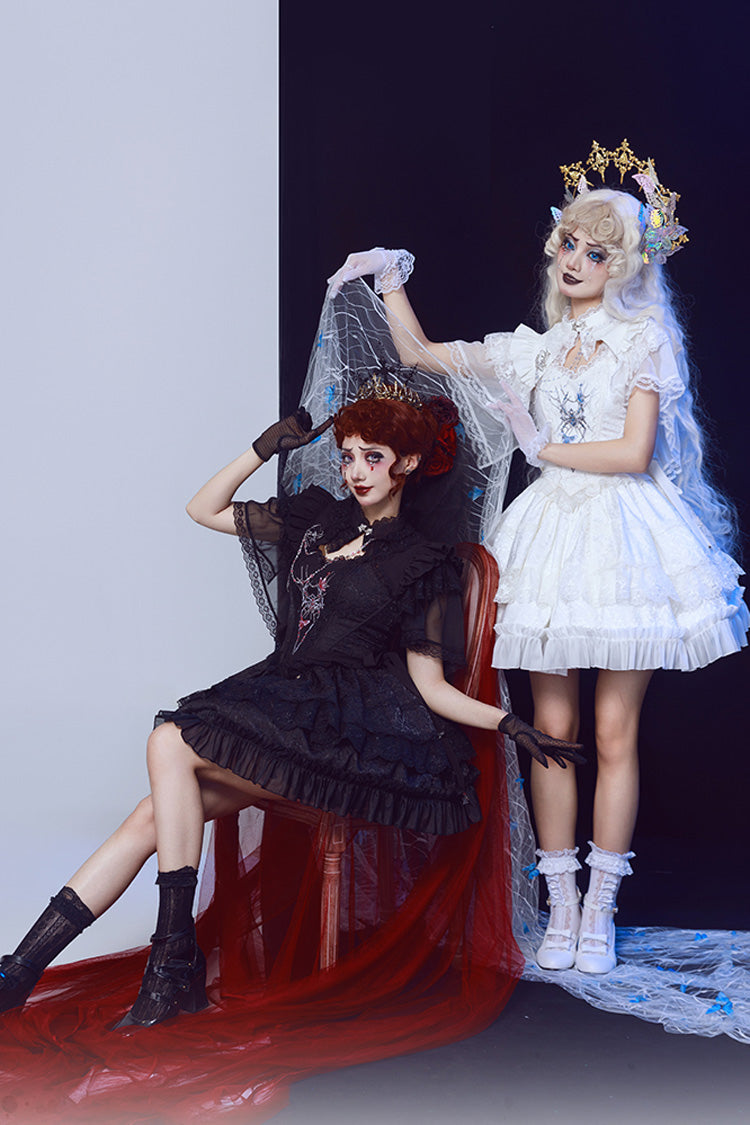White Sleeveless Spider Embroidery Bowknot Lace Gothic Princess Lolita Skirt Two-piece Set