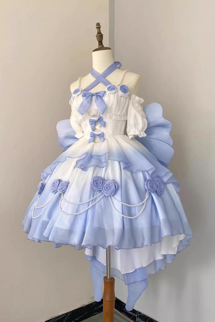 Gradient Blue Hanayome Hollow Bowknot Sweet Princess Lolita Dress ...
