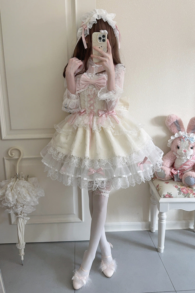 Robe Jsk Lolita Ballet Douce Slim en Dentelle à Nœud à Volants sans Manches Abricot [Île Fleishi] 