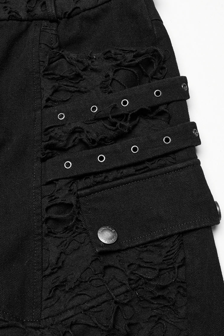 Black Ripped Eyelet Straps Men's Gothic Shorts