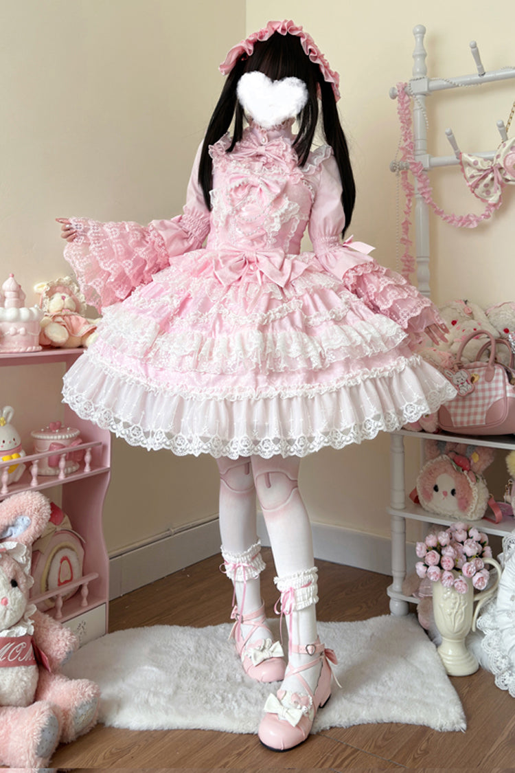 Pink [Love and Heart Flutter] Sleeveless Multi-Layered Ruffle Bowknot Lace Pearl Sweet Lolita Jsk Dress