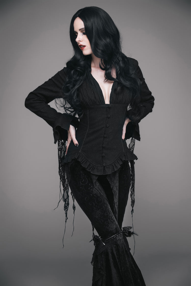 Schwarze Retro-Punk-Bluse mit tiefem V-Ausschnitt und Quasten und langen Ärmeln