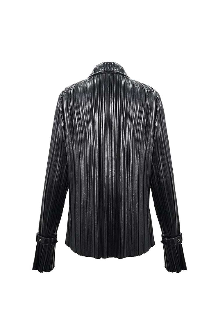 Black Metal Buckles Cuff Bright Pleated Pointed Collar Leather Loops Women's Punk Blouse