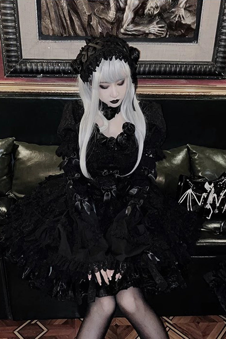 Pure Black Puff Short Sleeves Princess Gothic Lolita Tiered Dress