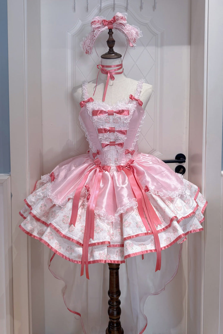 Rosa [Jasmine Rain] Ärmelloses, dreilagiges, gepunktetes, gerüschtes, mit Schleife und Spitze bedrucktes, süßes Lolita-JSK-Kleid mit quadratischem Kragen