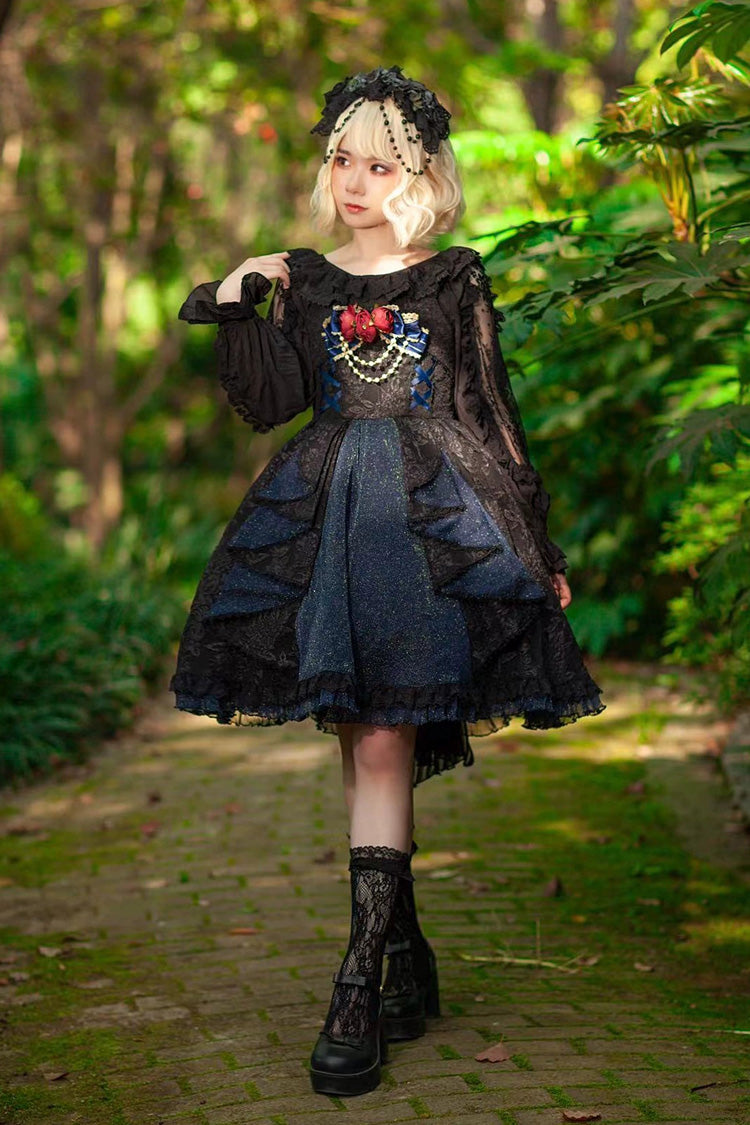 Black/Blue Ruffle Cardigan Bowknot Lace Classic Lolita Dress
