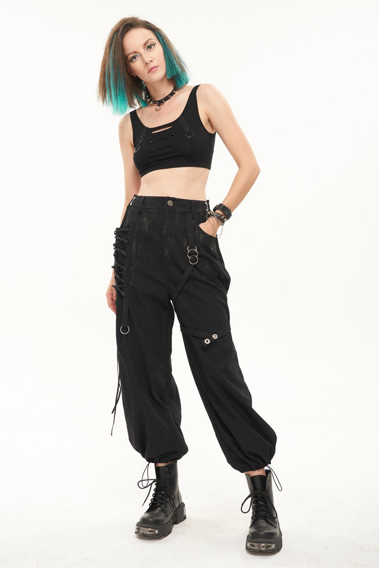 Black Irregular Print Single Side Frenulum Ring Legs Drawstring Closing Women's Punk Pants