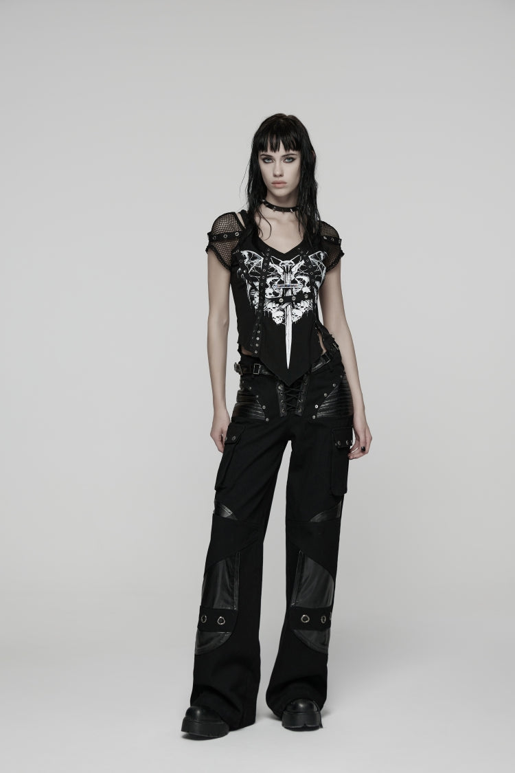 Schwarze Punk-Hose mit Schnürung und Schnalle für Damen mit großen Taschen