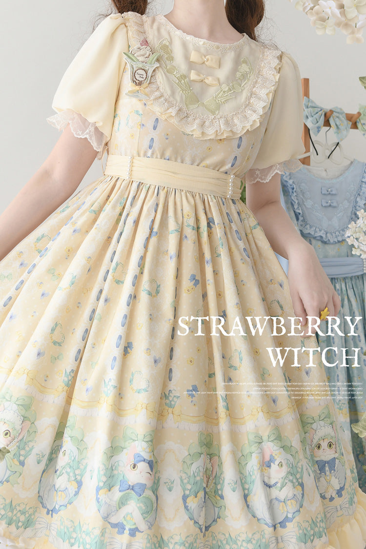 Beige [Lily of the Valley Cat] Print Ruffle Embroidery Bowknot Sweet Lolita Dress