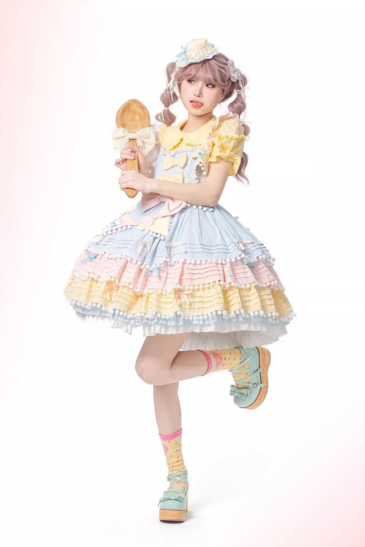 Blue/Pink/Yellow Sweetheart Macaron Ice Cream Multi-Layered Ruffle Bowknot Sweet Lolita Dress