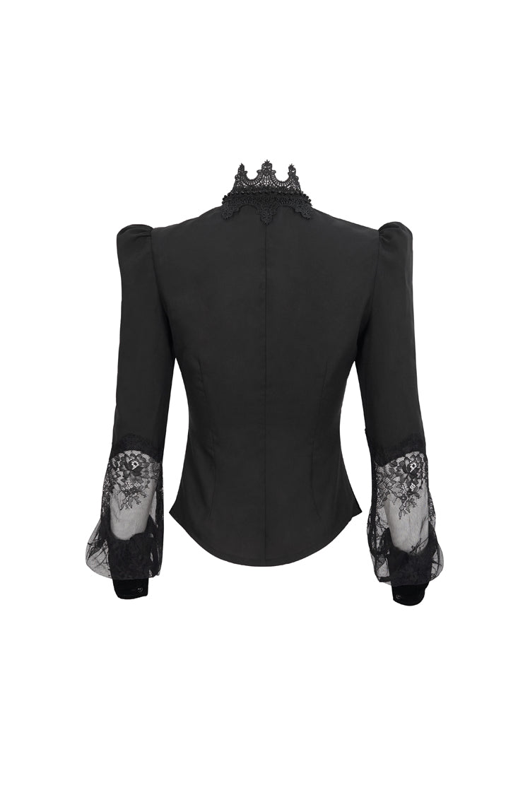 Schwarzes langärmliges Gothic-Hemd für Damen mit hohem Kragen, durchscheinender Spitze und Patchwork-Schleifendekoration