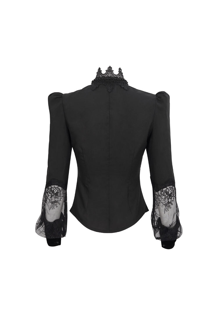 黒のハイカラー半透明レースパッチワーク弓装飾長袖女性のゴシックシャツ