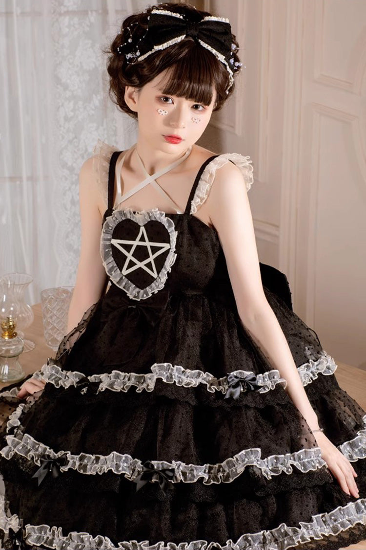 Black [Du Meisha's Star Wish] Sleeveless Triple-Layered Jacquard Ruffle Bowknot Sweet Gothic Lolita Jsk Dress
