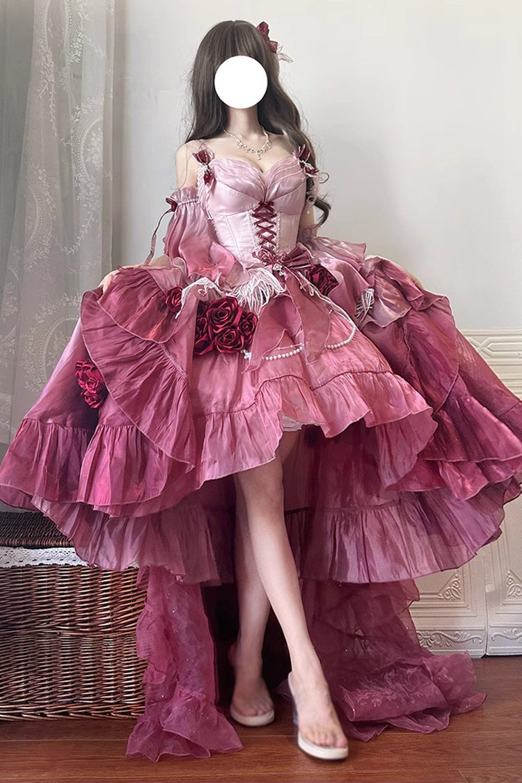 Plum Red [Swan Wonderland] Embroidery Bowknot Lace-Up Short Front Long Back Irregular Sweet Ballet Lolita Jsk Dress
