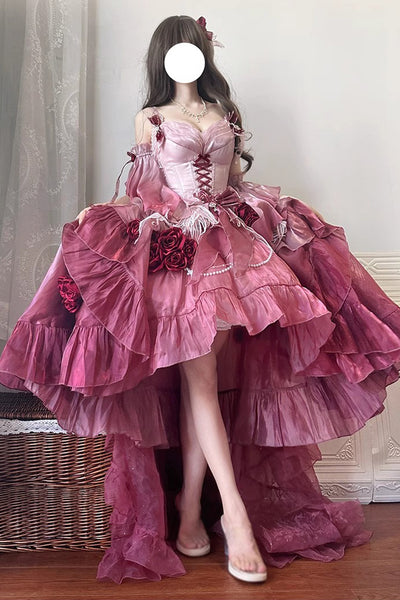 ⚠️近日削除予定Lumignon Ballet L charm dress set Plum Red [Swan Wonderland] Embroidery Bowknot Lace-Up Short Front