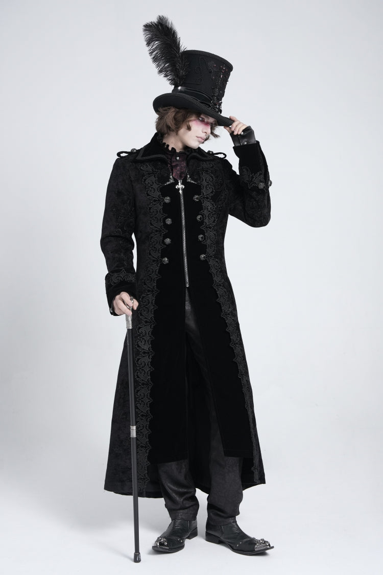 Black Lapel Collar Embroidery Zipper Men's Gothic Handsome Coat