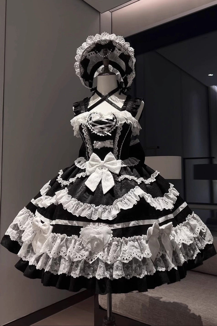 Noir/Blanc [Super Mignon Belia] Robe Lolita Jsk Élégante Gothique en Dentelle à Nœud Papillon à Volants à Trois Couches Sans Manches 