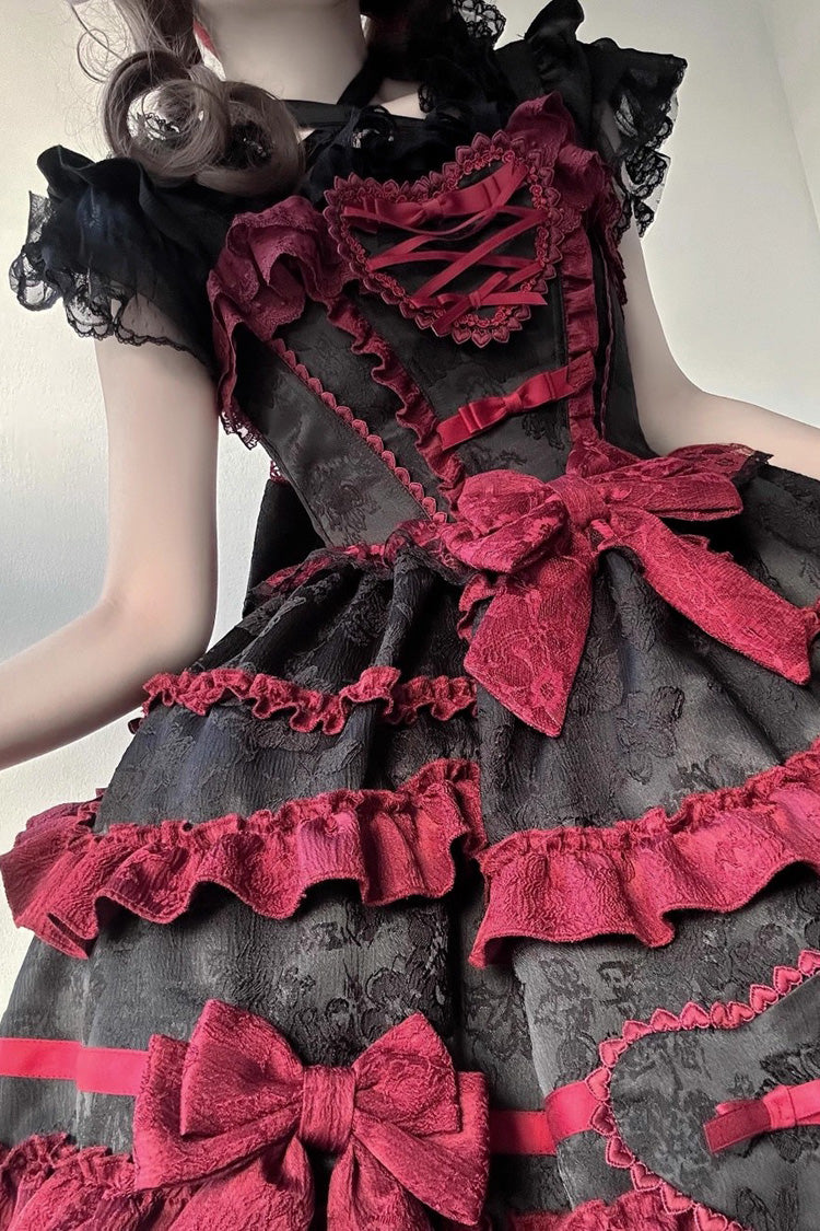 Noir/Rouge [Super Cute Belia] Robe Lolita Jsk Élégante Gothique en Dentelle avec Nœud à Volants à Trois Couches sans Manches 
