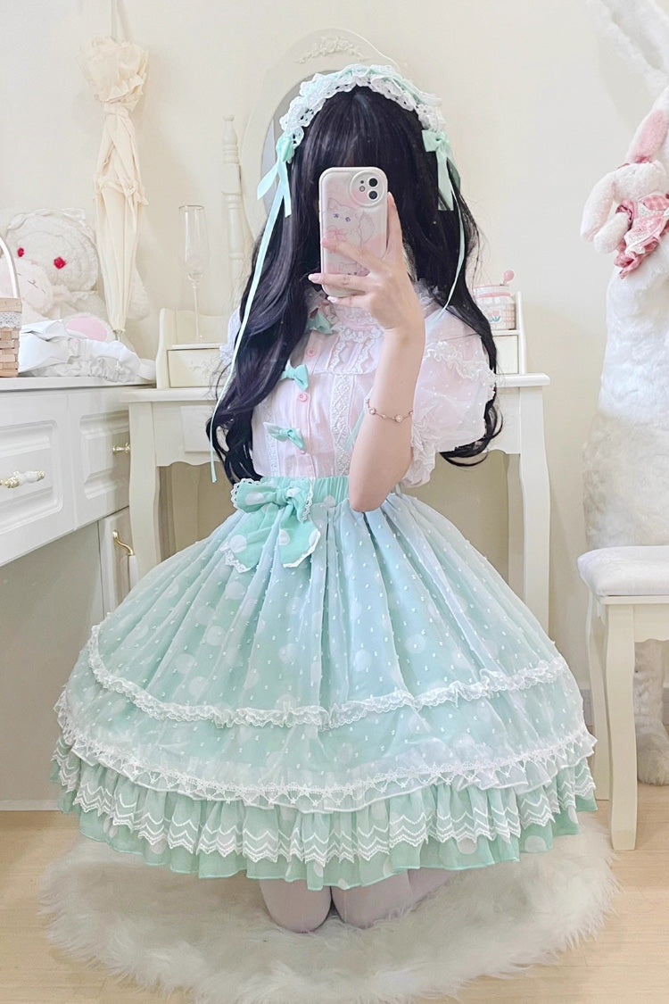 [Wave Candy] Jupe Lolita douce à nœud à volants imprimé triple couche 3 couleurs 