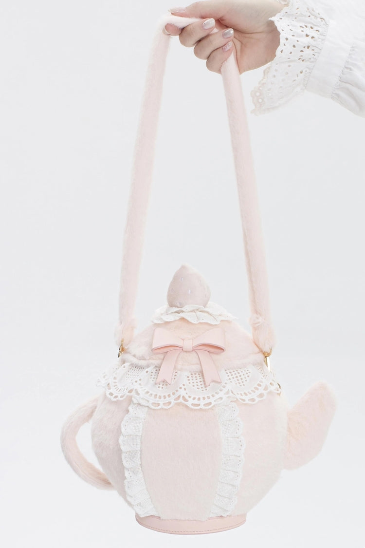 White/Pink Teapot Strawberry Top Lace Ruffle Bow Lolita Plush Shoulder Crossbody Bag