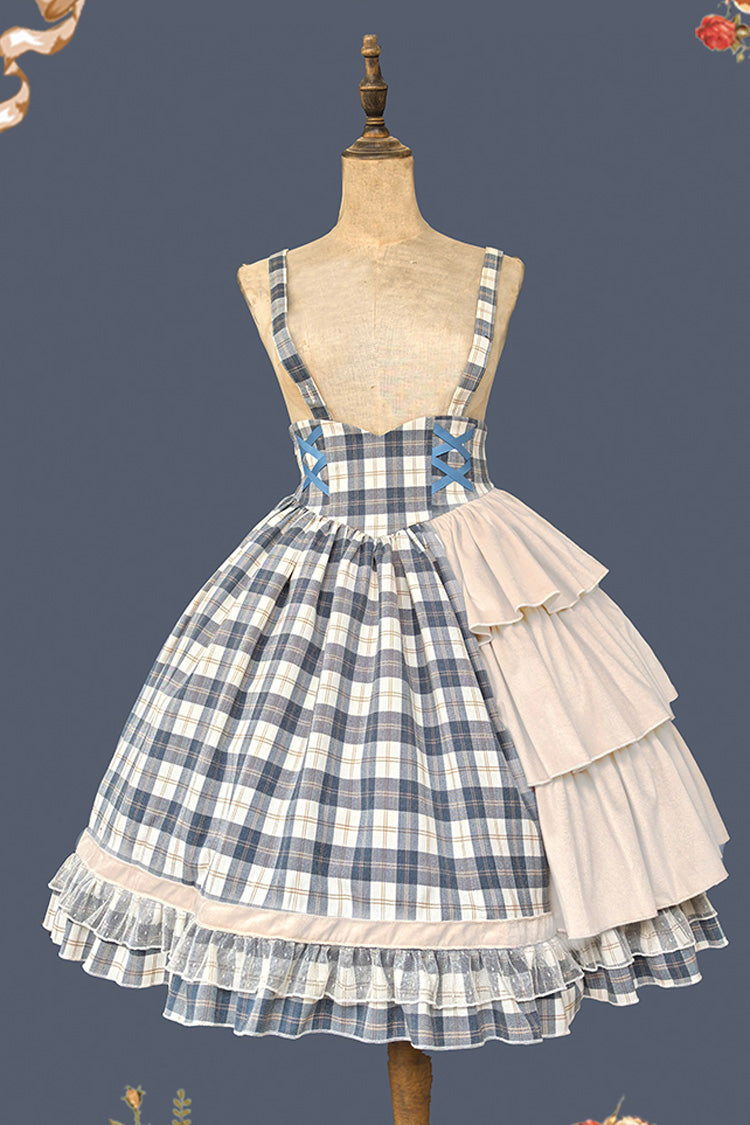 Grey/Blue [Morning Tune] Sleeveless High Waisted Print Ruffle Asymmetric Sweet Lolita Strap Dress