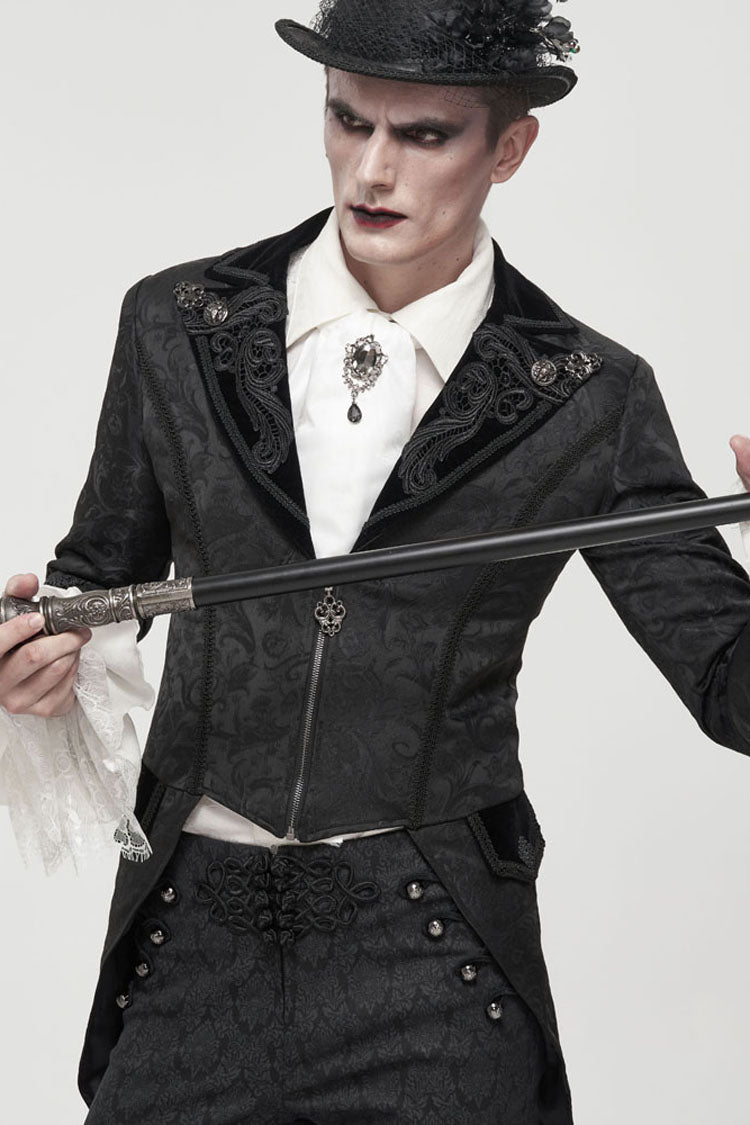 Black Gothic Embroidered Print Pattern Metal Pattern Buckle Decoration Trumpet Sleeve Men's Swallowtail Coat
