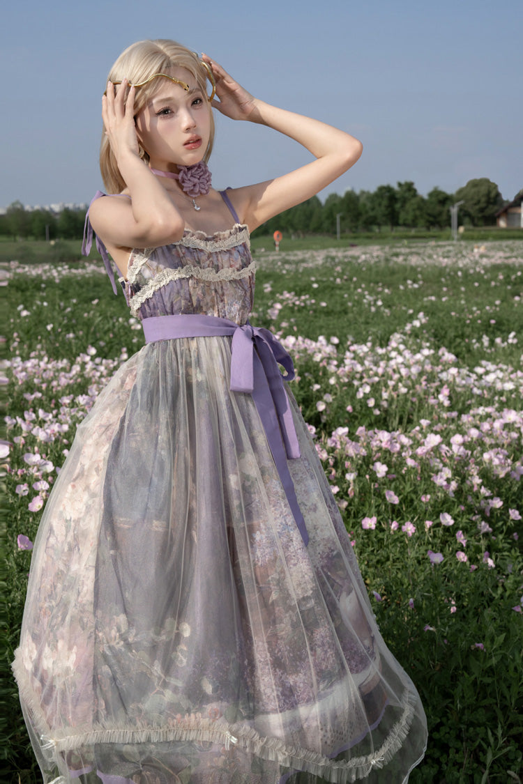 Peinture à l'huile violette [– À l'ombre des arbres en fleurs] Robe Jsk Lolita douce sans manches à imprimé volant avec nœud en dentelle 