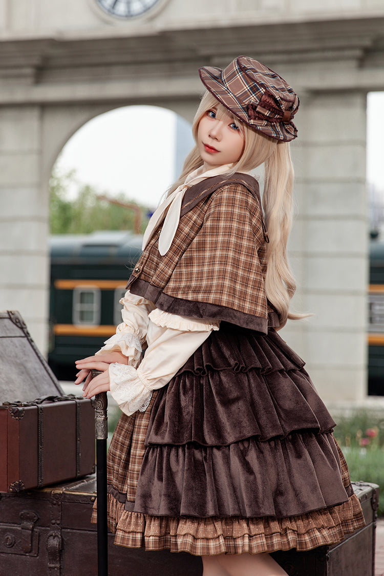 Brown [Morning Tune] Sleeveless High Waisted Print Ruffle Asymmetric Sweet Lolita Strap Dress