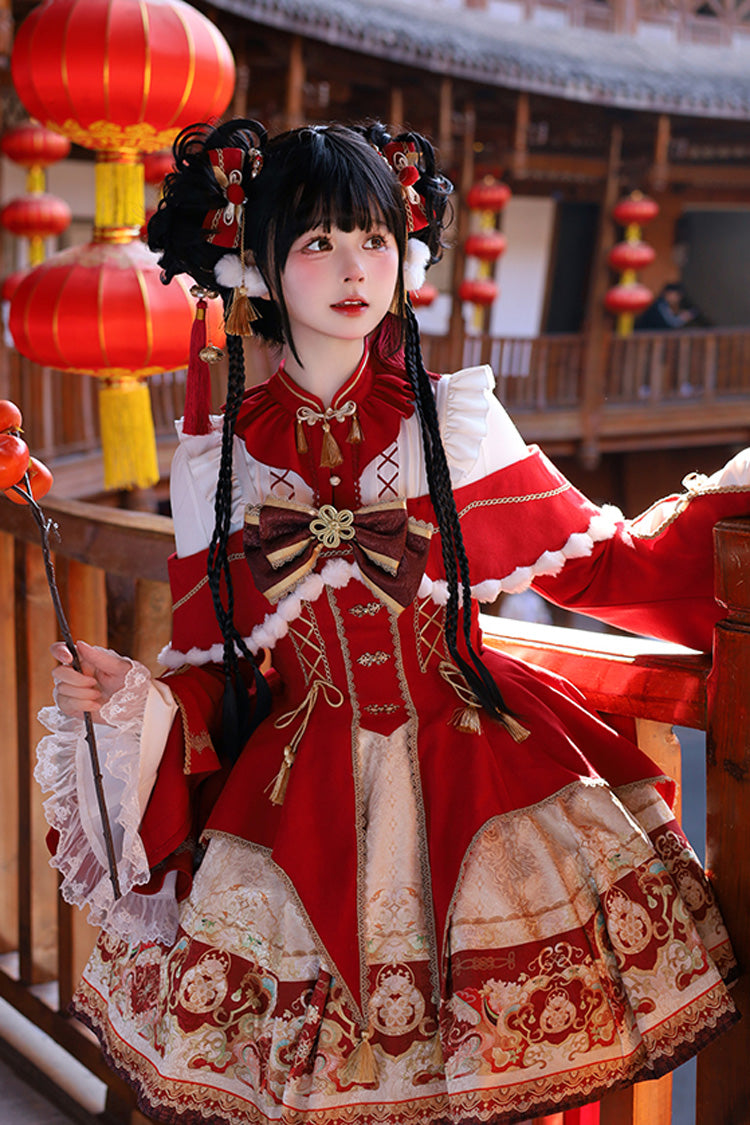 Red [New Year] Print Ruffle Bowknot Lace-Up Sweet Chinese Style Lolita Jsk Dress