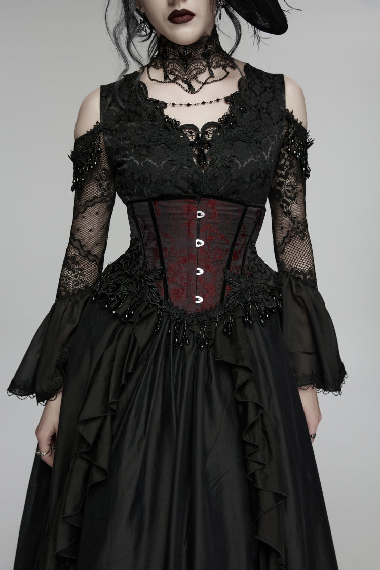 Corset gothique à lacets en jacquard noir/rouge pour femmes