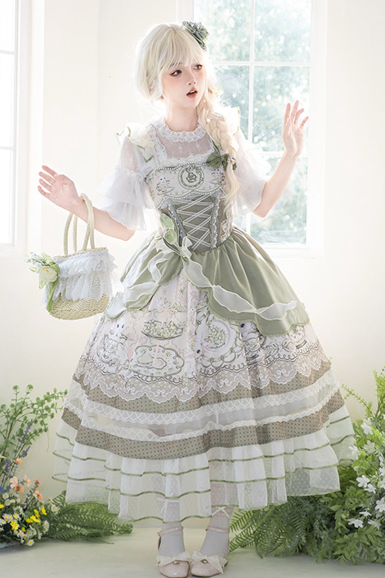 Green [Teacup Rabbit] Multi-Layered Print Ruffle Embroidery Bowknot Lace Asymmetric Sweet Elegant Lolita Jsk Dress