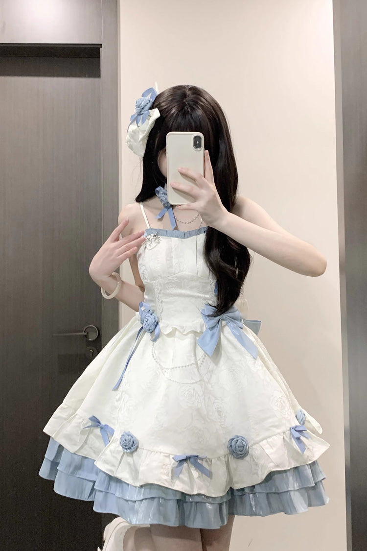 Apricot/Blue Print Ruffle Bowknot Sweet Princess Lolita Jsk Dress