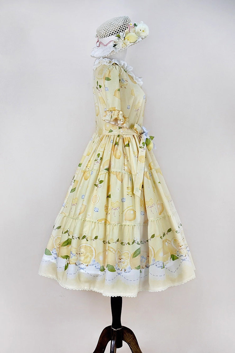 Yellow [Lemon Chicken] Short Sleeves Print Ruffle Bowknot Lace Daily Sweet Lolita Dress