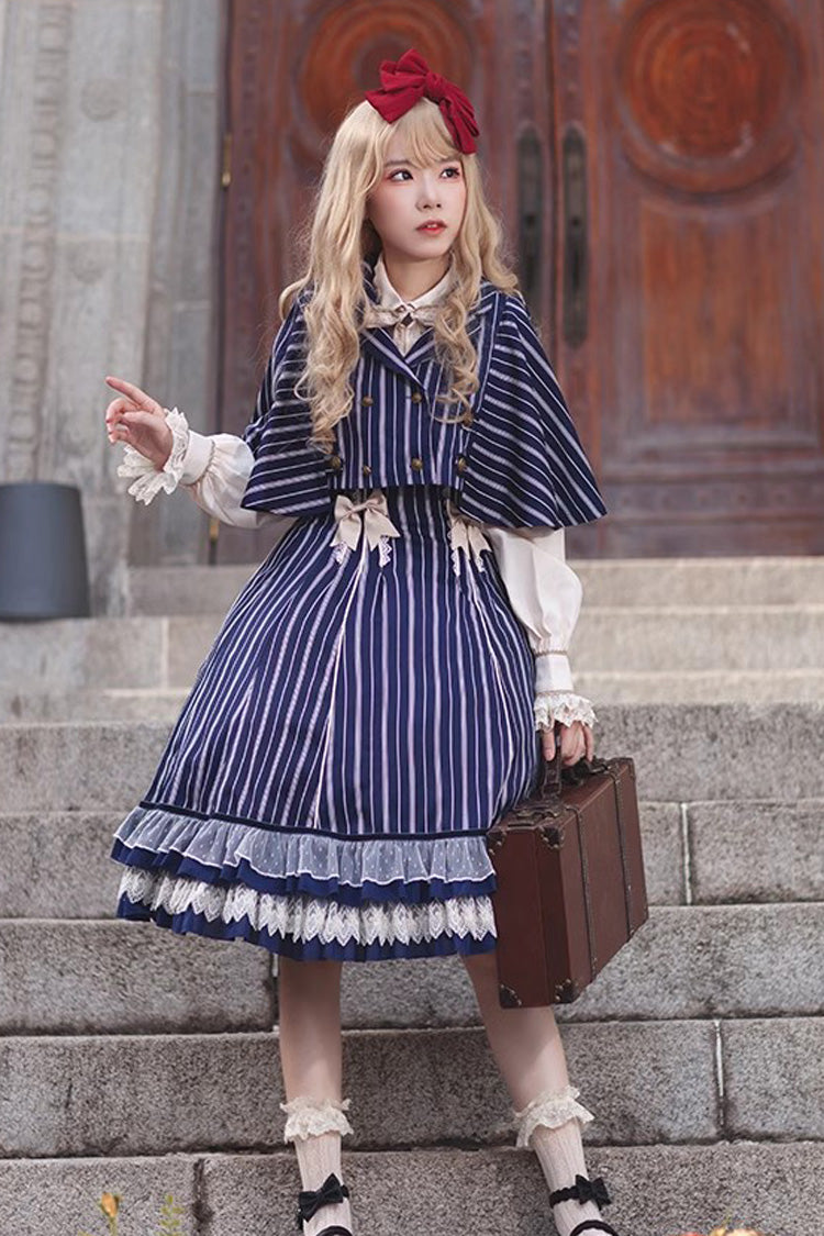 Blue Multi-layer Stripe Print Ruffle Sweet Lolita Jsk Dress