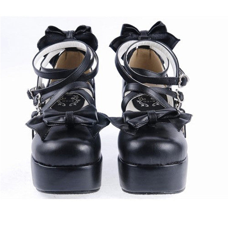 Black Synthetic Leather Cross Straps Bow Lolita Shoes