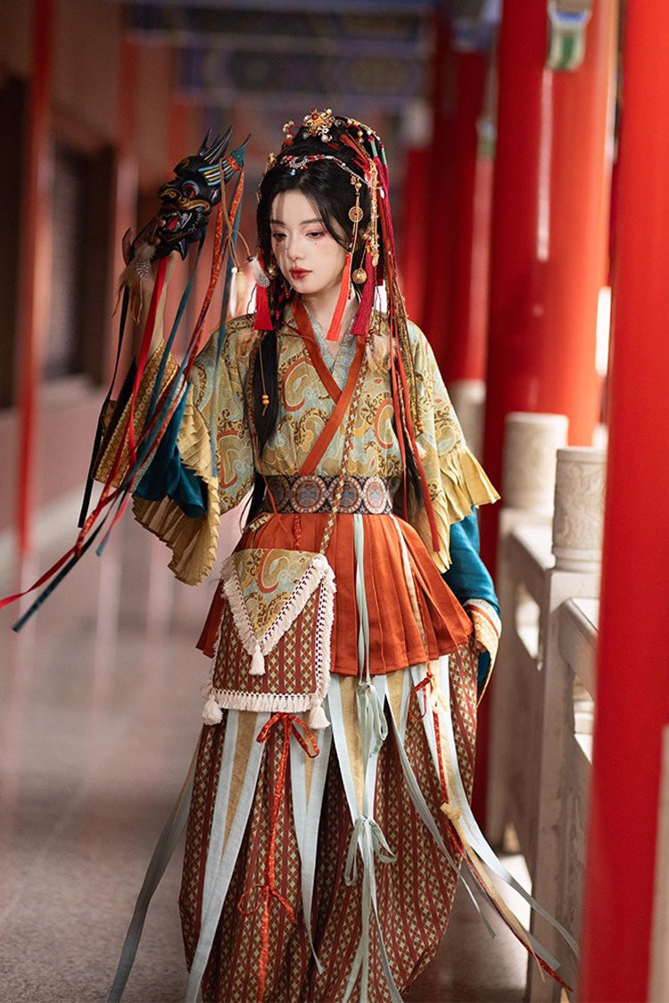 Multi-Color [Mountain and Sea Oath] Long Sleeves Print Ruffle Embroidery Classic Hanfu Set