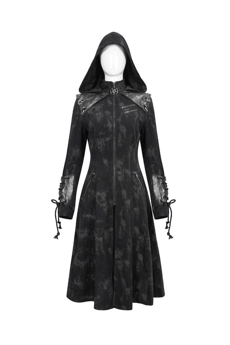 Black Faux Leather Splice With Hood Irregular Pattern Print Long Women's Punk Coat