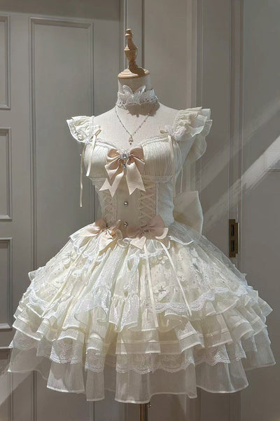 アイボリー ロリータドレス レースアップ アイボリー [初恋] マルチレイヤー フリル 蝶結び レースアップ
