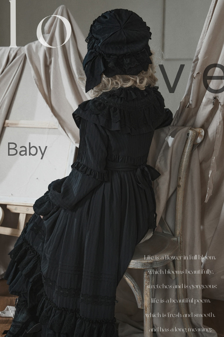 Black [Good Night] Long Sleeves Double-Layered Ruffle Bowknot Lace-Up Holy Gothic Lolita Dress
